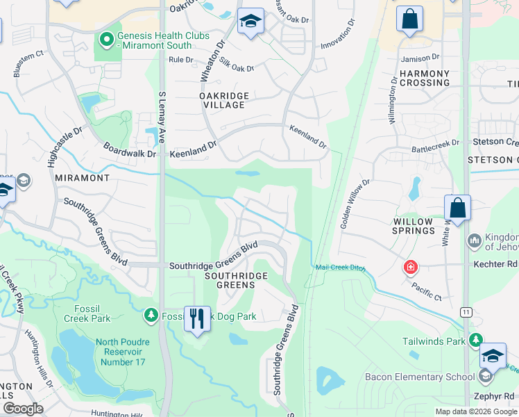 map of restaurants, bars, coffee shops, grocery stores, and more near 1506 Front Nine Drive in Fort Collins