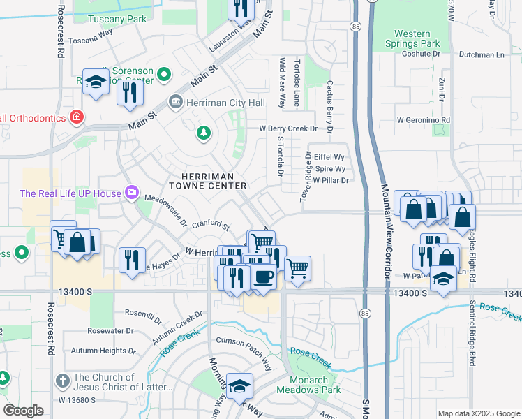 map of restaurants, bars, coffee shops, grocery stores, and more near 13228 Dominica Lane in Herriman