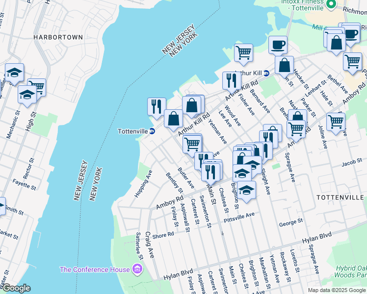 map of restaurants, bars, coffee shops, grocery stores, and more near 130 Tyrrell Street in Staten Island