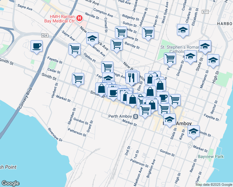 map of restaurants, bars, coffee shops, grocery stores, and more near 333 Prospect Street in Perth Amboy