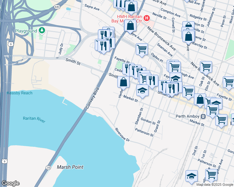 map of restaurants, bars, coffee shops, grocery stores, and more near 510 Market Street in Perth Amboy