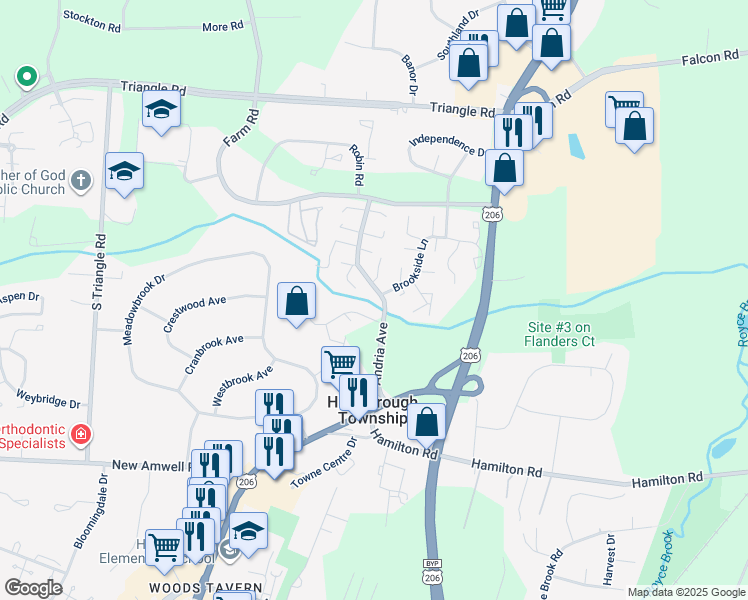 map of restaurants, bars, coffee shops, grocery stores, and more near 93 Brookside Lane in Somerset County