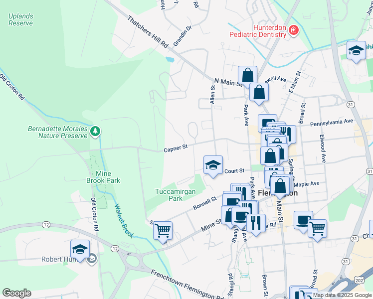 map of restaurants, bars, coffee shops, grocery stores, and more near 51 Capner Street in Flemington