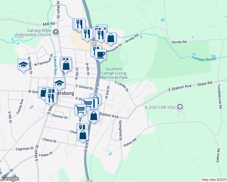 map of restaurants, bars, coffee shops, grocery stores, and more near 55 Oxford Ridge Court in Coopersburg
