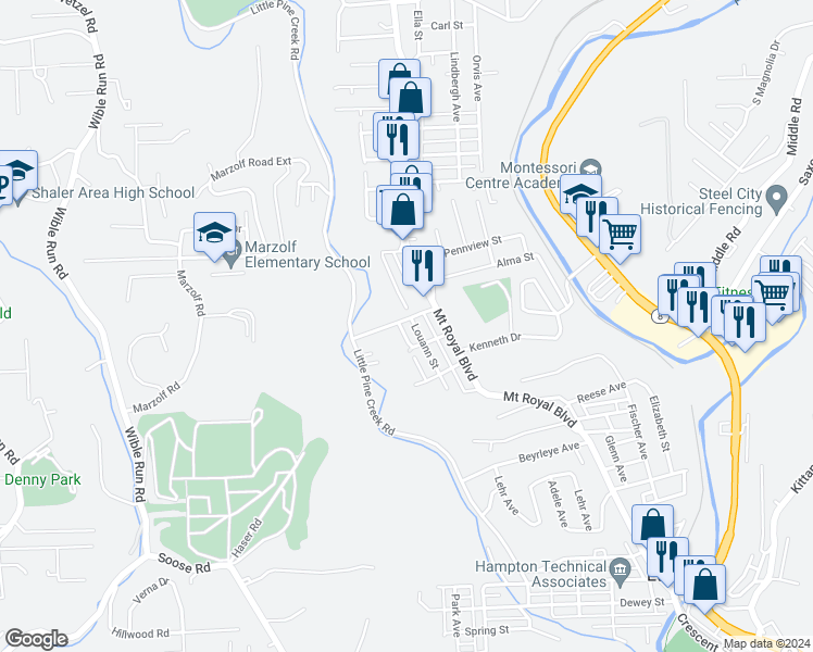 map of restaurants, bars, coffee shops, grocery stores, and more near 519 Louann Street in Pittsburgh