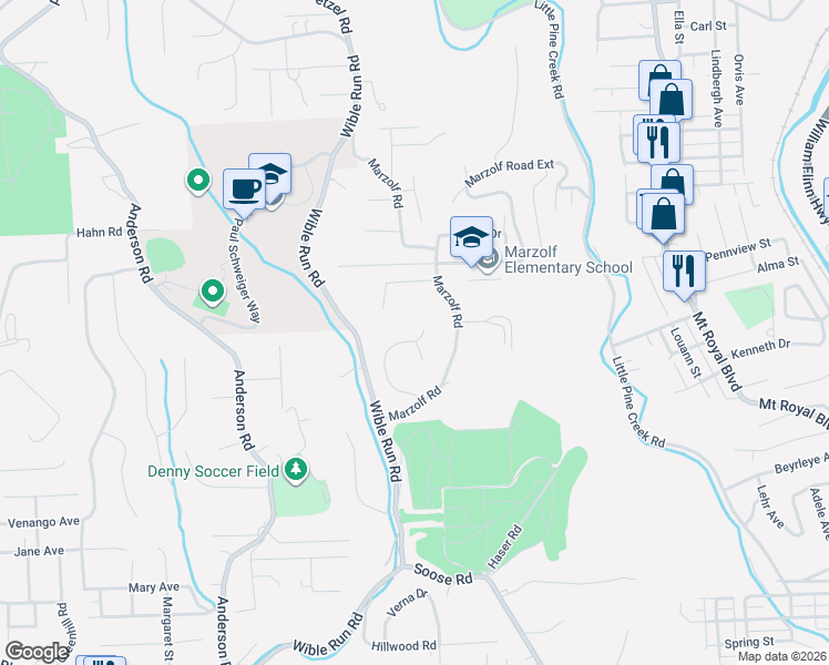 map of restaurants, bars, coffee shops, grocery stores, and more near 3027 Meyeridge Road in Pittsburgh