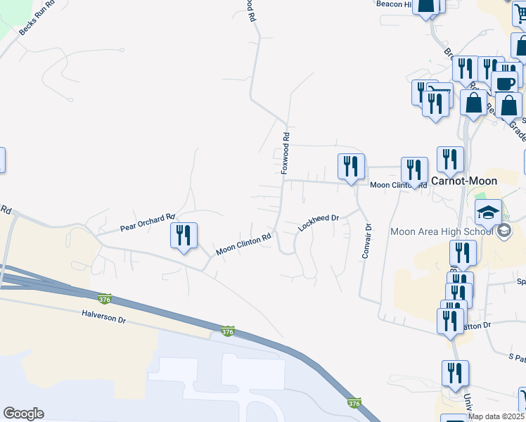 map of restaurants, bars, coffee shops, grocery stores, and more near 336 Moon Clinton Road in Carnot-Moon
