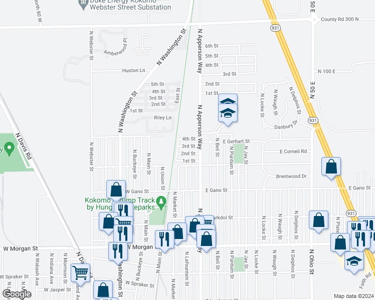 map of restaurants, bars, coffee shops, grocery stores, and more near 2501 North Apperson Way in Kokomo