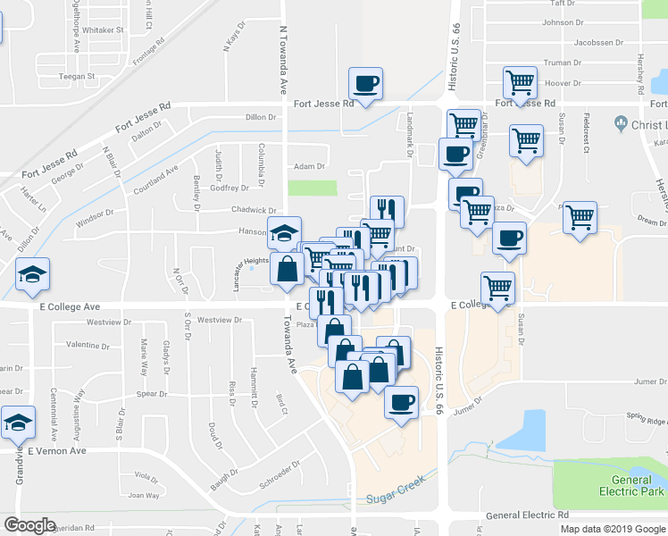 map of restaurants, bars, coffee shops, grocery stores, and more near 1510 Dustin Drive in Normal