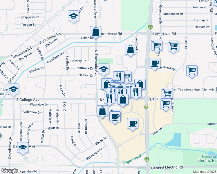 map of restaurants, bars, coffee shops, grocery stores, and more near 1510 Dustin Drive in Normal