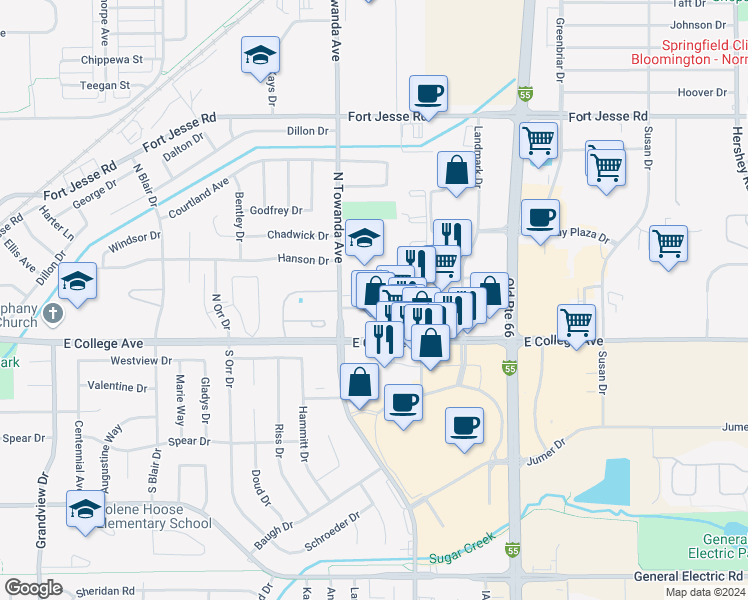 map of restaurants, bars, coffee shops, grocery stores, and more near 1510 Dustin Drive in Normal