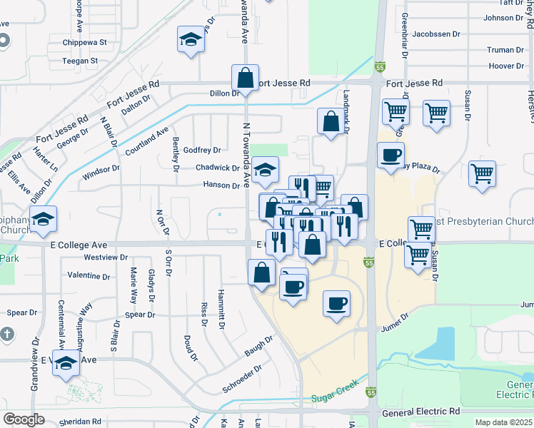 map of restaurants, bars, coffee shops, grocery stores, and more near 1510 Dustin Drive in Normal