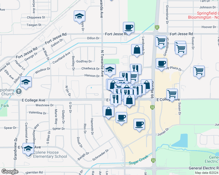 map of restaurants, bars, coffee shops, grocery stores, and more near 1510 Dustin Drive in Normal