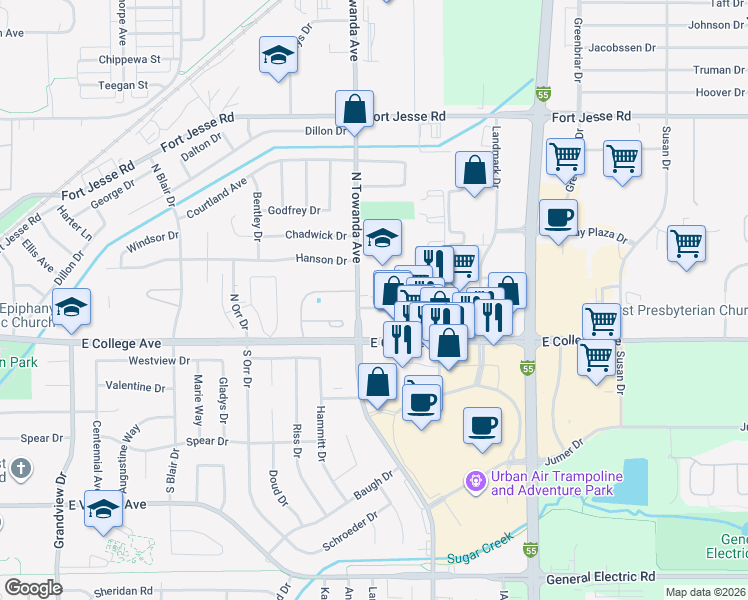 map of restaurants, bars, coffee shops, grocery stores, and more near 1074 North Towanda Avenue in Normal