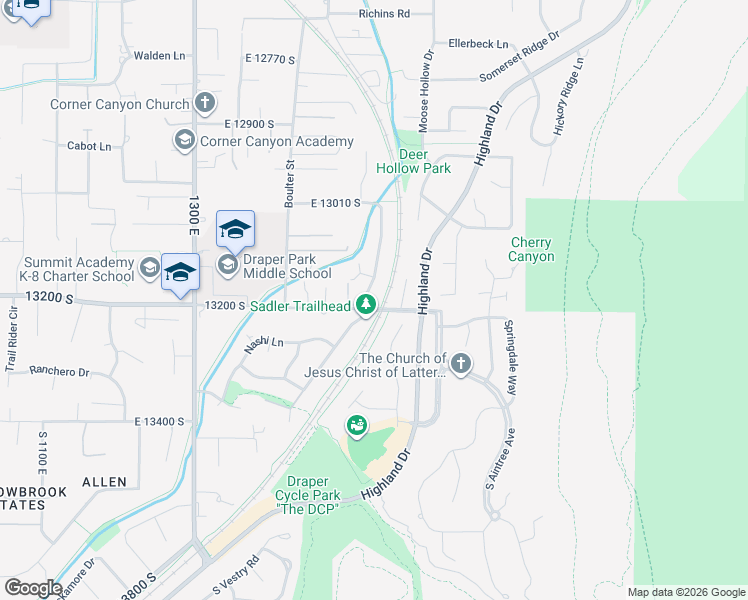 map of restaurants, bars, coffee shops, grocery stores, and more near 13177 Shadowlands Lane in Draper