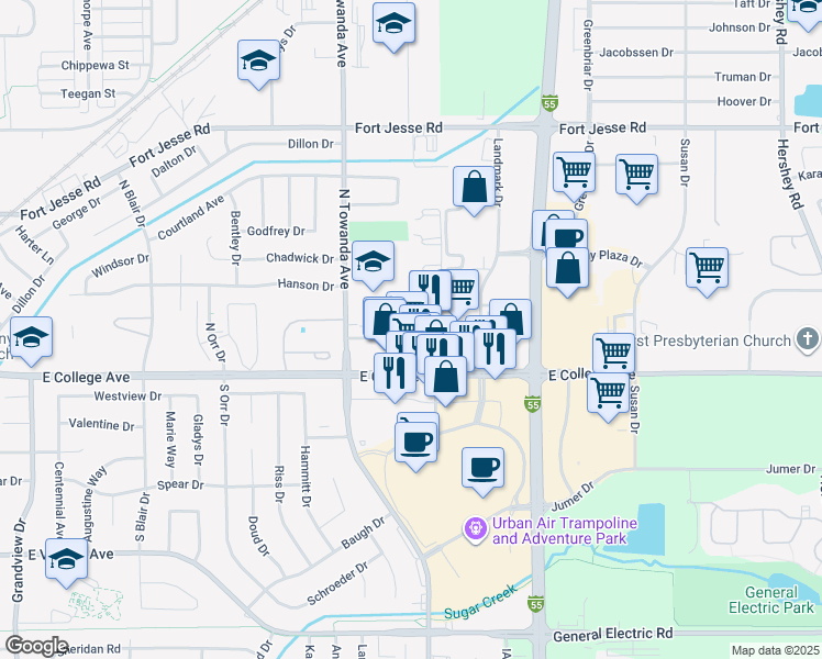 map of restaurants, bars, coffee shops, grocery stores, and more near 1516 Dustin Drive in Normal