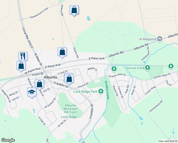 map of restaurants, bars, coffee shops, grocery stores, and more near 261 Maple Court in Alburtis