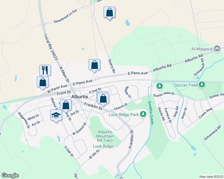 map of restaurants, bars, coffee shops, grocery stores, and more near 205 Park Lane in Alburtis