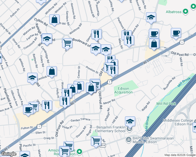 map of restaurants, bars, coffee shops, grocery stores, and more near 7 Paley Place in Edison