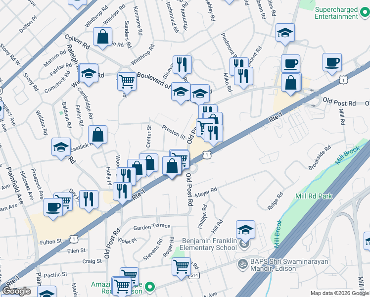 map of restaurants, bars, coffee shops, grocery stores, and more near 7 Paley Place in Edison