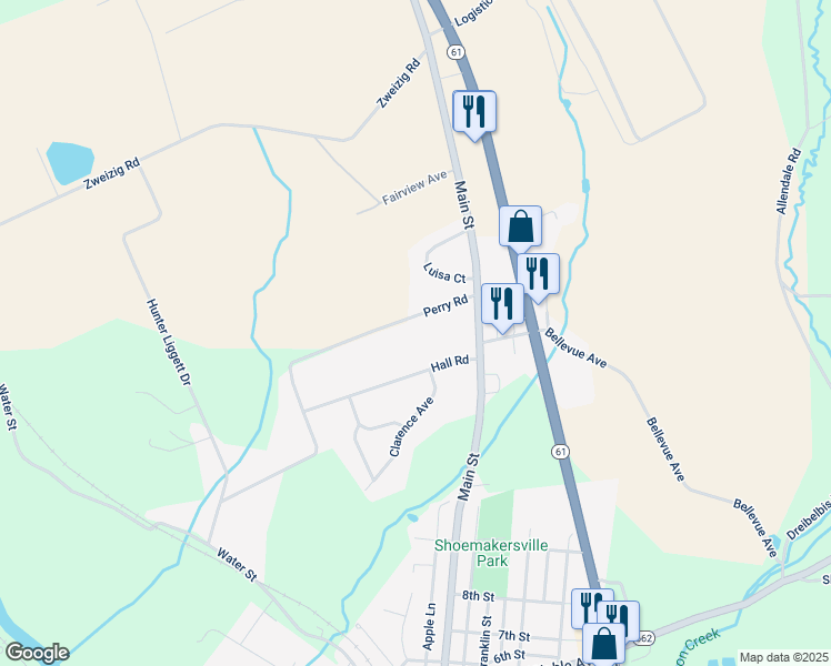 map of restaurants, bars, coffee shops, grocery stores, and more near 60 Perry Road in Shoemakersville