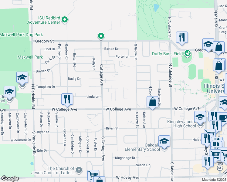 map of restaurants, bars, coffee shops, grocery stores, and more near 1513 Woods Avenue in Normal