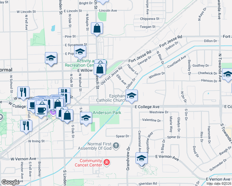map of restaurants, bars, coffee shops, grocery stores, and more near 109 Veronica Way in Normal