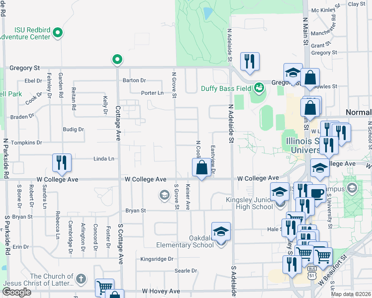 map of restaurants, bars, coffee shops, grocery stores, and more near 909 Green Avenue in Normal