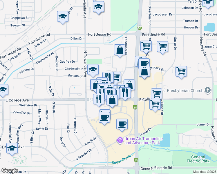 map of restaurants, bars, coffee shops, grocery stores, and more near 1540 East College Avenue in Normal