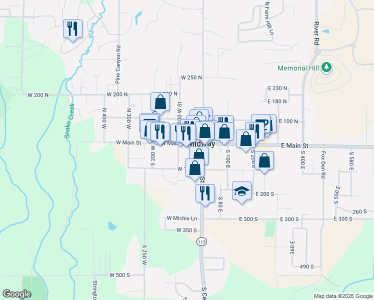 map of restaurants, bars, coffee shops, grocery stores, and more near 51 West Main Street in Midway