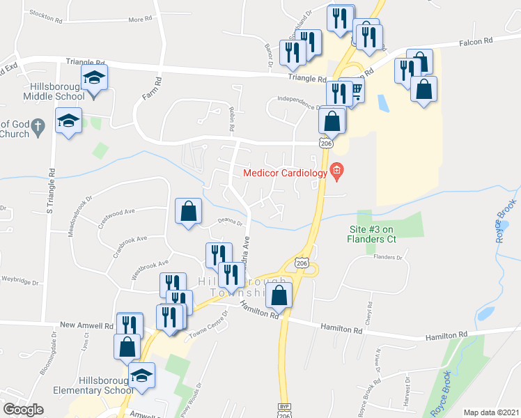 map of restaurants, bars, coffee shops, grocery stores, and more near 203 Brookside Lane in Hillsborough Township