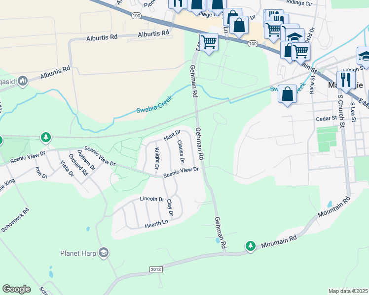 map of restaurants, bars, coffee shops, grocery stores, and more near 3653 Clauss Drive in Macungie