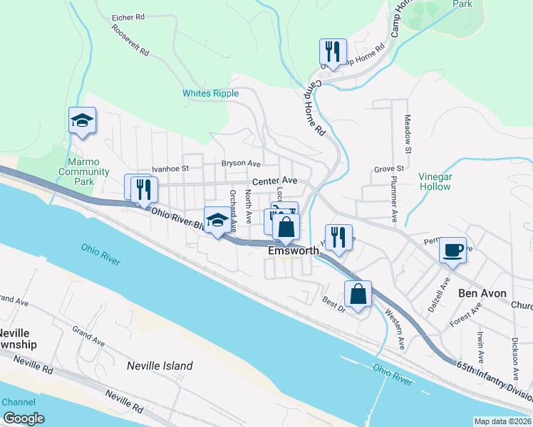 map of restaurants, bars, coffee shops, grocery stores, and more near 168 Neville Street in Pittsburgh