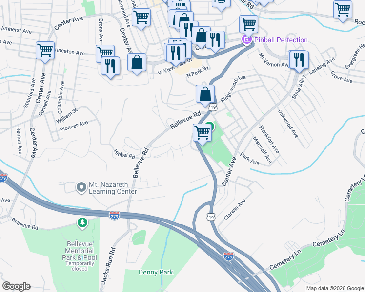map of restaurants, bars, coffee shops, grocery stores, and more near 94 Rosecrest Drive in Pittsburgh