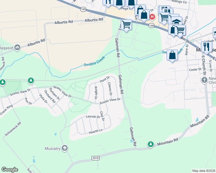 map of restaurants, bars, coffee shops, grocery stores, and more near 3638 Clauss Drive in Macungie