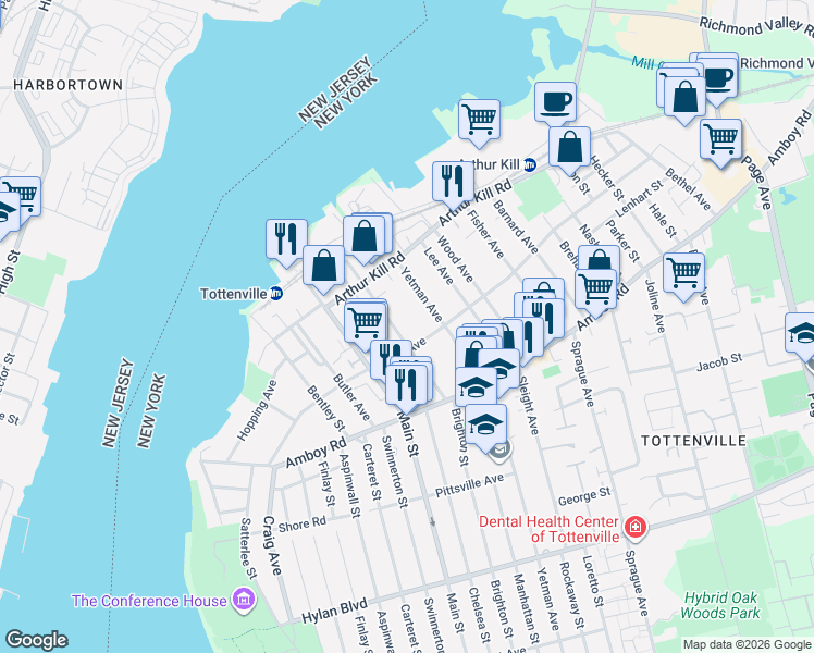 map of restaurants, bars, coffee shops, grocery stores, and more near 153 Johnson Avenue in Staten Island