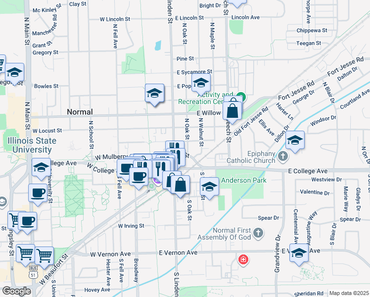 map of restaurants, bars, coffee shops, grocery stores, and more near 208 East Mulberry Street in Normal