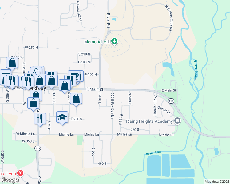 map of restaurants, bars, coffee shops, grocery stores, and more near 506 East Main Street in Midway