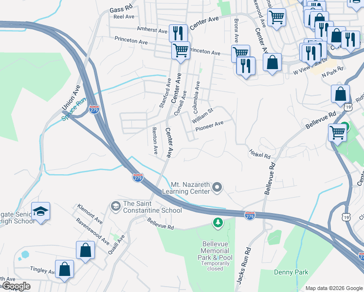 map of restaurants, bars, coffee shops, grocery stores, and more near 1719 Center Avenue in Pittsburgh