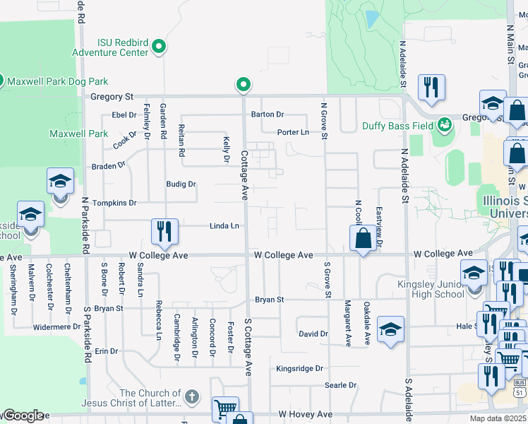 map of restaurants, bars, coffee shops, grocery stores, and more near 1515 Woods Avenue in Normal