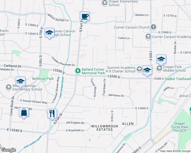 map of restaurants, bars, coffee shops, grocery stores, and more near 1032 East 13200 South in Draper