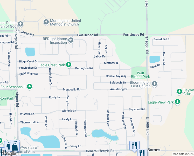 map of restaurants, bars, coffee shops, grocery stores, and more near 3505 Connie Kay Way in Bloomington
