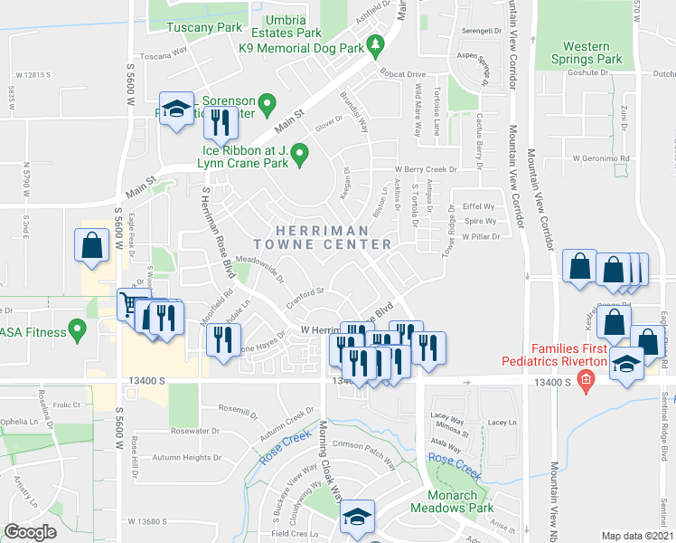 map of restaurants, bars, coffee shops, grocery stores, and more near Lower Wood Lane in Herriman