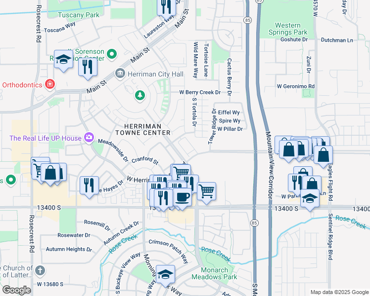 map of restaurants, bars, coffee shops, grocery stores, and more near 13228 Dominica Lane in Herriman