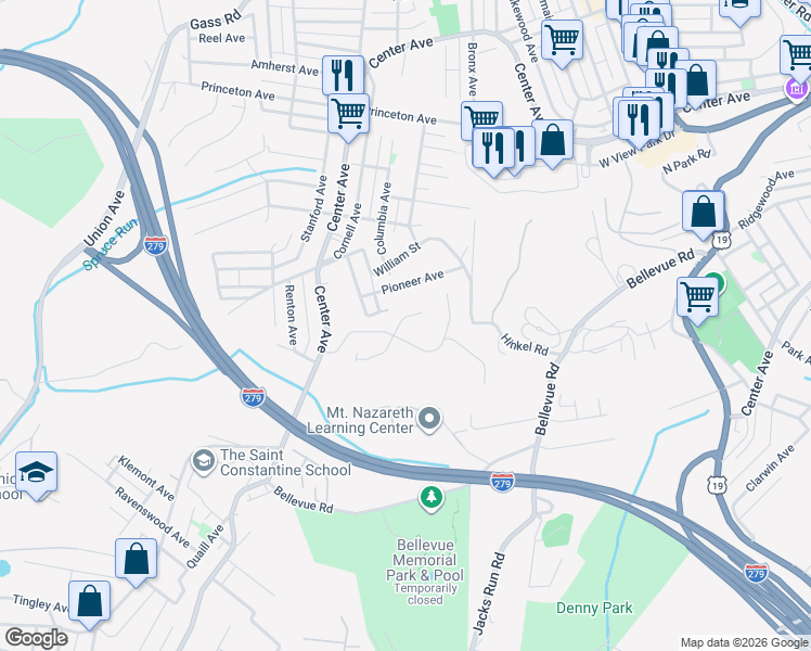 map of restaurants, bars, coffee shops, grocery stores, and more near 110 Meadow Court in Pittsburgh
