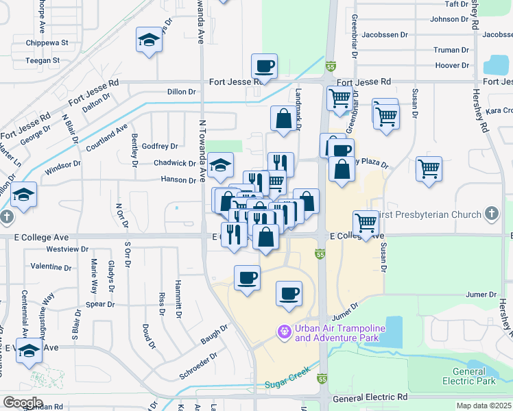 map of restaurants, bars, coffee shops, grocery stores, and more near 1540 East College Avenue in Normal
