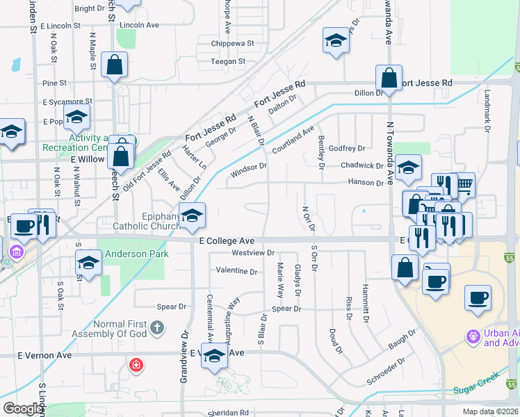 map of restaurants, bars, coffee shops, grocery stores, and more near 1207 Hanson Drive in Normal