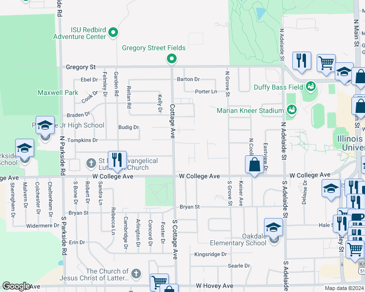 map of restaurants, bars, coffee shops, grocery stores, and more near 1513 Woods Avenue in Normal