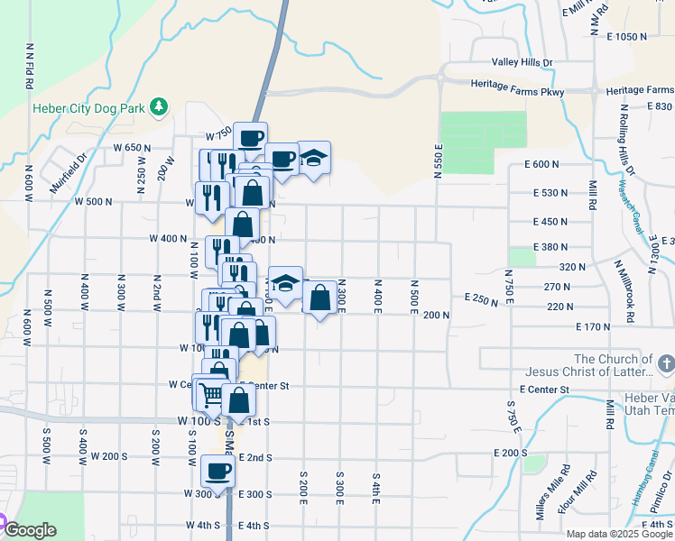 map of restaurants, bars, coffee shops, grocery stores, and more near 291 East 300 North in Heber City