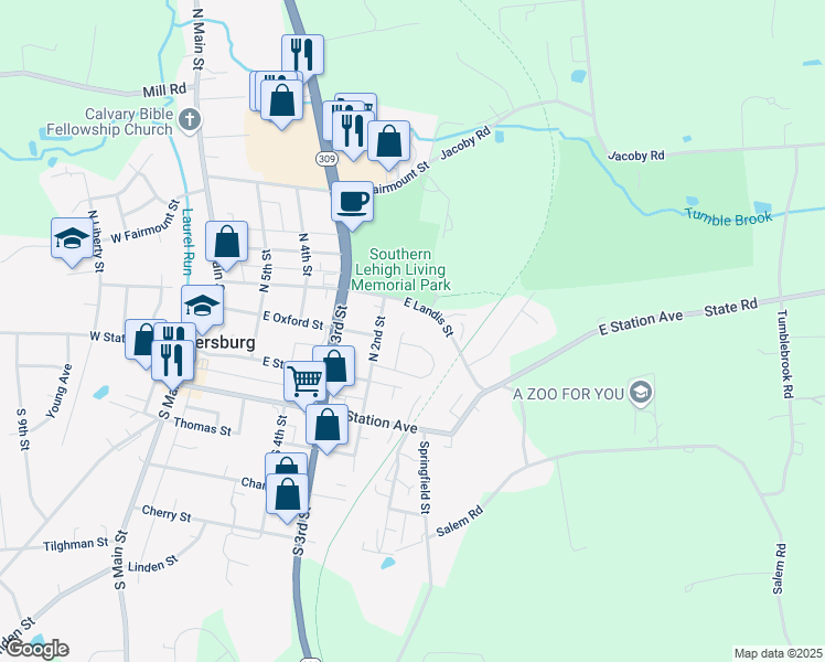 map of restaurants, bars, coffee shops, grocery stores, and more near 55 Oxford Ridge Court in Coopersburg